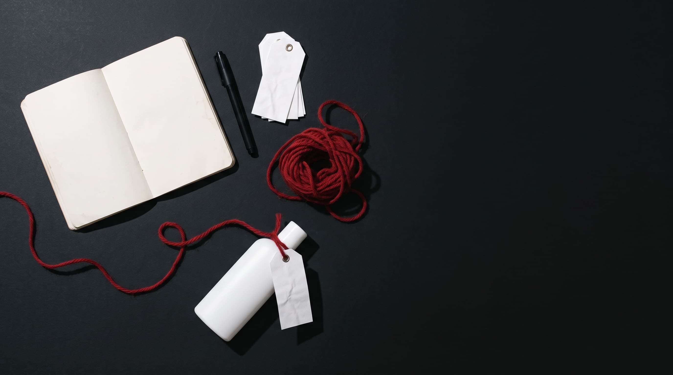 An open notebook, a marker, a stack of blank tags, a ball of red wool and one tagged bottle, laid out on a dark table.